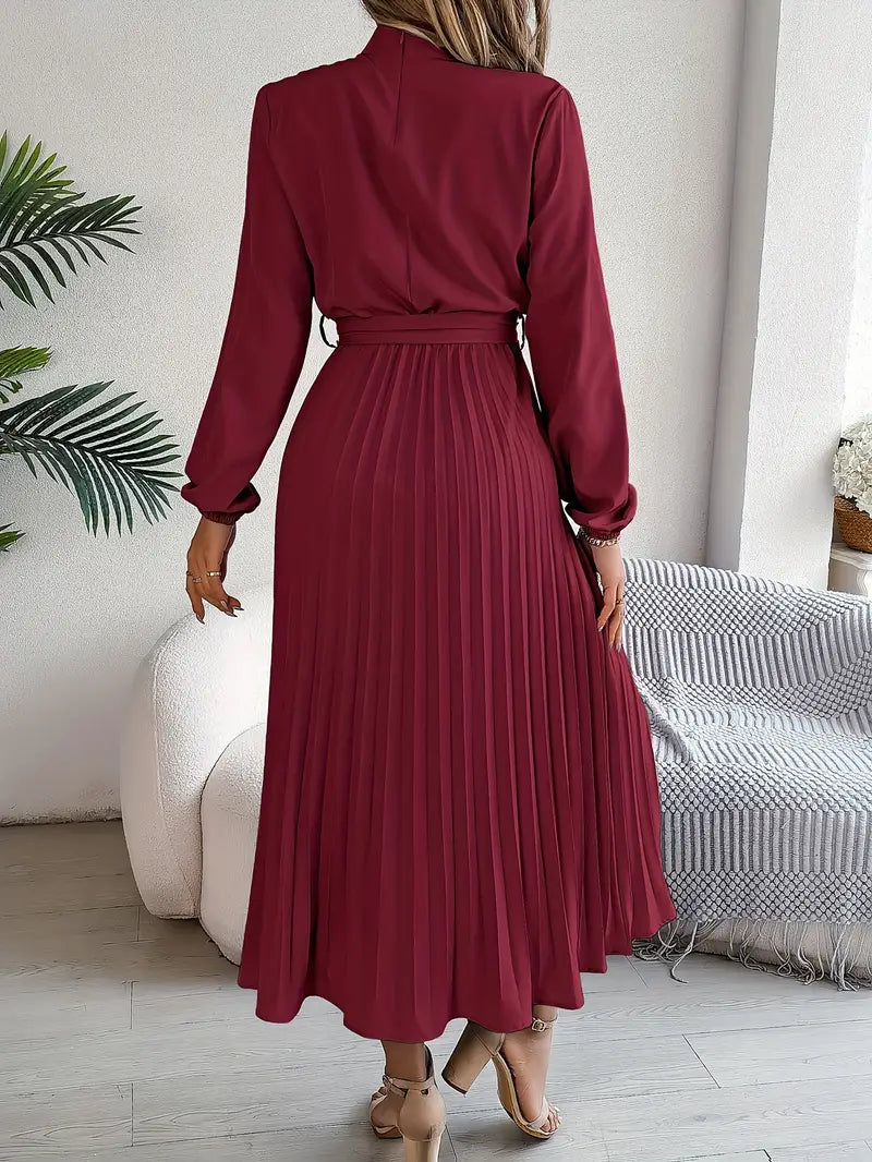 Robe haut de gamme plissé midi ceinturé manches longues pour femme
