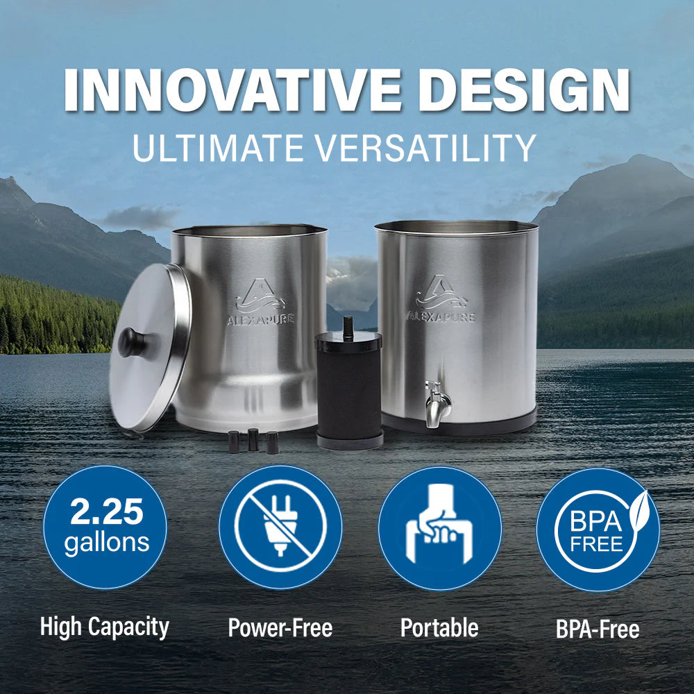 2026 2025 Alexapure Pro Système de Filtration d’Eau par Gravité – Purificateur d’Eau Domestique en Acier Inoxydable Réduit 206 Contaminants, Sans Électricité, Facile à Installer et à Entretenir