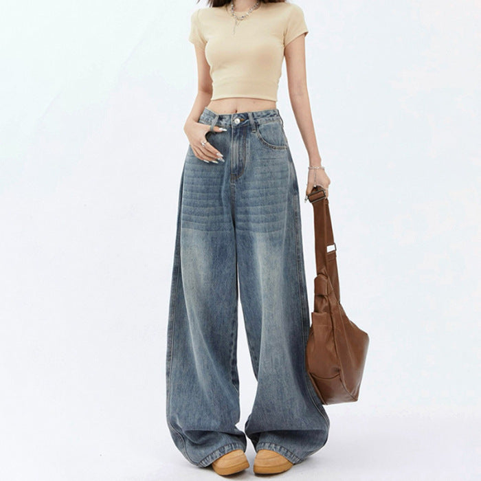Jean taille haute jambes larges coupe ample en denim pour femme