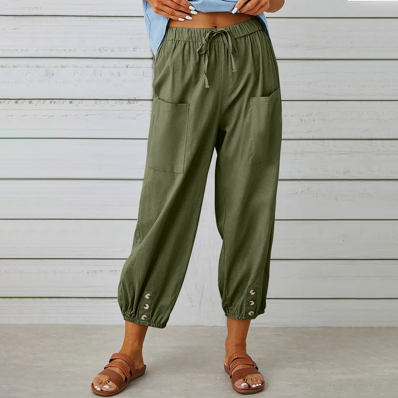 Pantalon à cordon à nouer en coton et lin poches décontracté pour femme