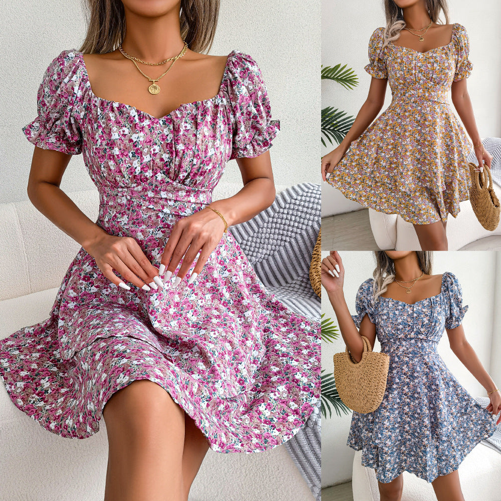 Robe fleuri mini taille haute évasé été décontracté pour femme