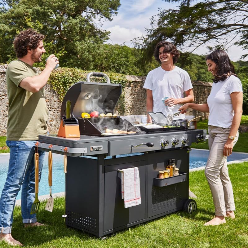 2026 Barbecue Bi-Energy Gun Metal XL - Barbecue Charbon et Plancha 60 x 42 cm à gaz avec brûleur latéral -12,95 KW
