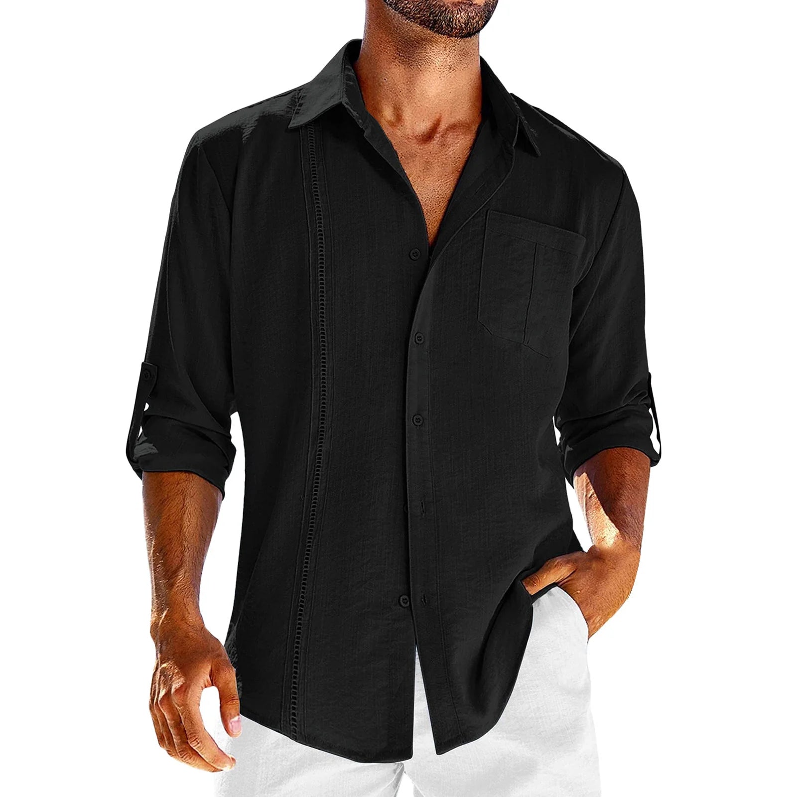 2026 Men's Casual Long Sleeve Button Down Shirt With Pocket Detail