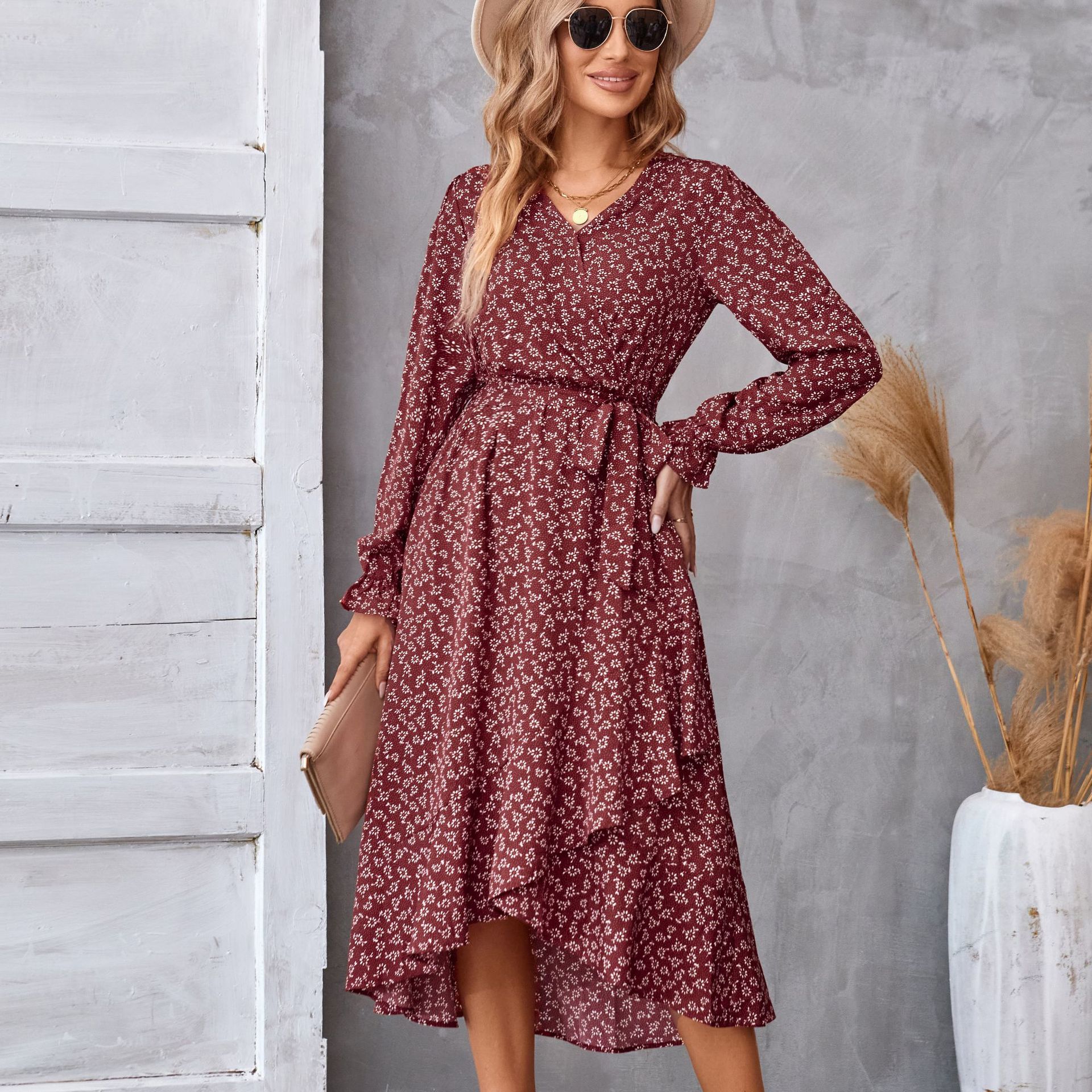 Robe fleuri imprimé manches longues à volants midi ville élégant pour femme