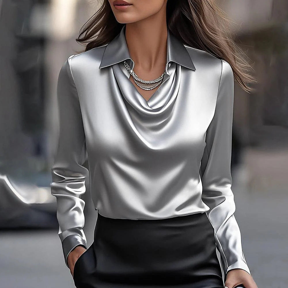 Chemisier fluide cowl neck satin élégant manches longues bureau pour femme