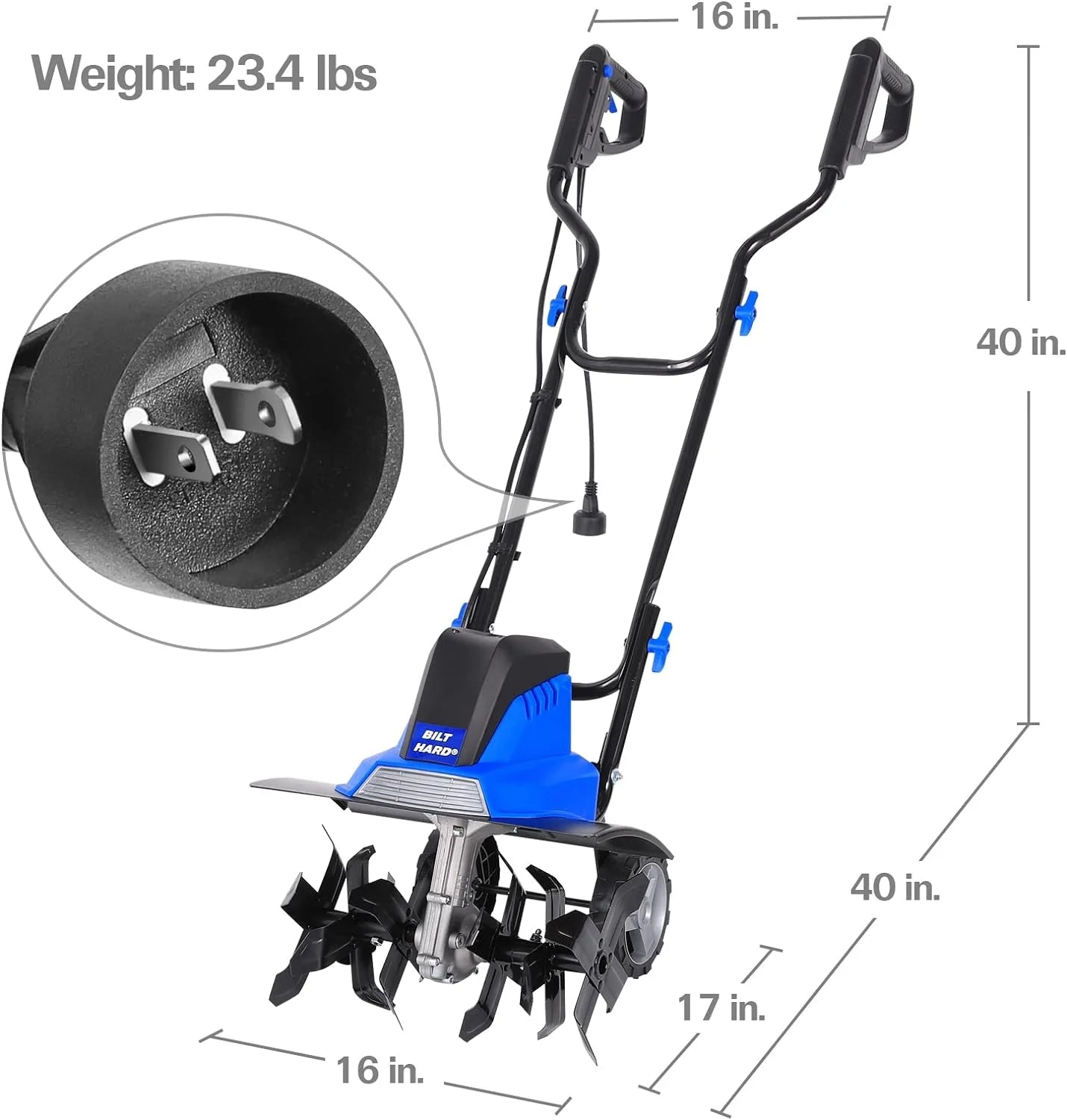 2026 Motoculteur électrique BILT HARD 16 pouces, 13,5 A, 6 dents en acier, avec roues réglables