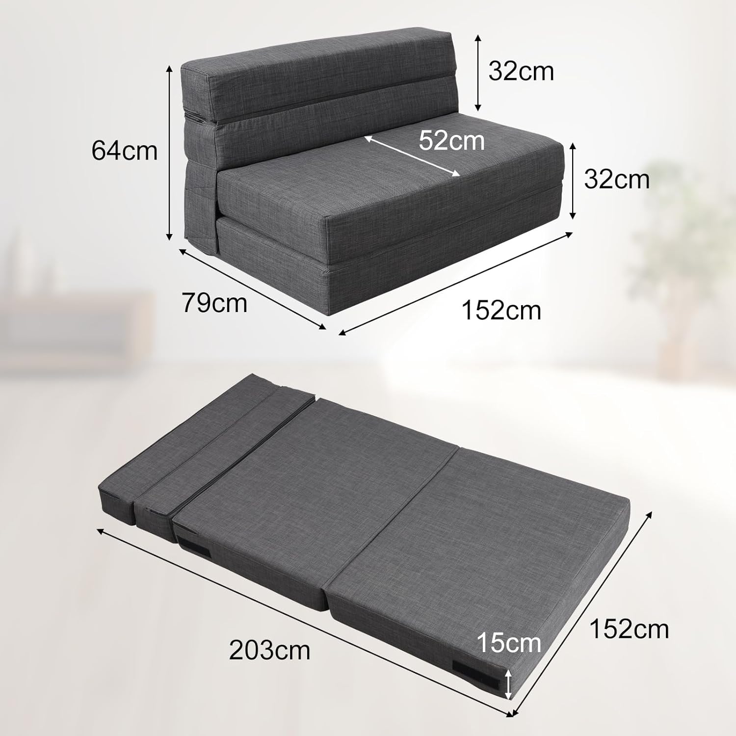 2026 ANONER Canapé Convertible 2 Places 150cm de Large, Pliable en Mousse à Mémoire de Forme & 2 Oreillers, Lit Pliant de Sol pour Chambre Salon, Gris Foncé