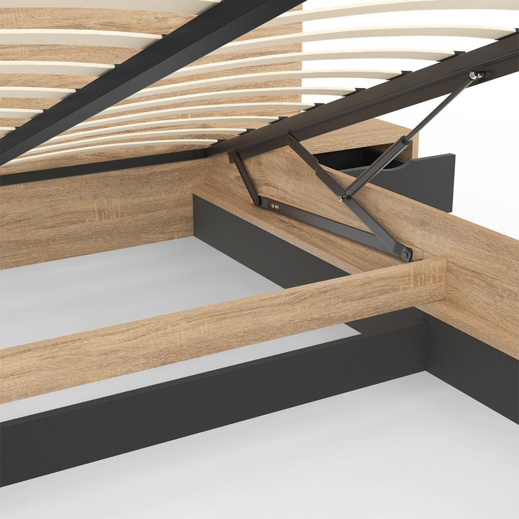 2026 Lit Coffre Santa avec Tables de chevets intégrées et sommier 140x190cm Couleur Bois et Noir