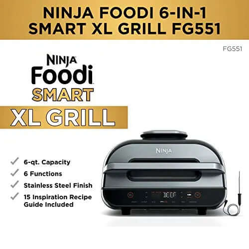 2026 2025 Ninja FG551 Foodi Smart XL Grill d’Intérieur 6-en-1 avec Friteuse à Air 4 Quart – Finition Acier Inoxydable