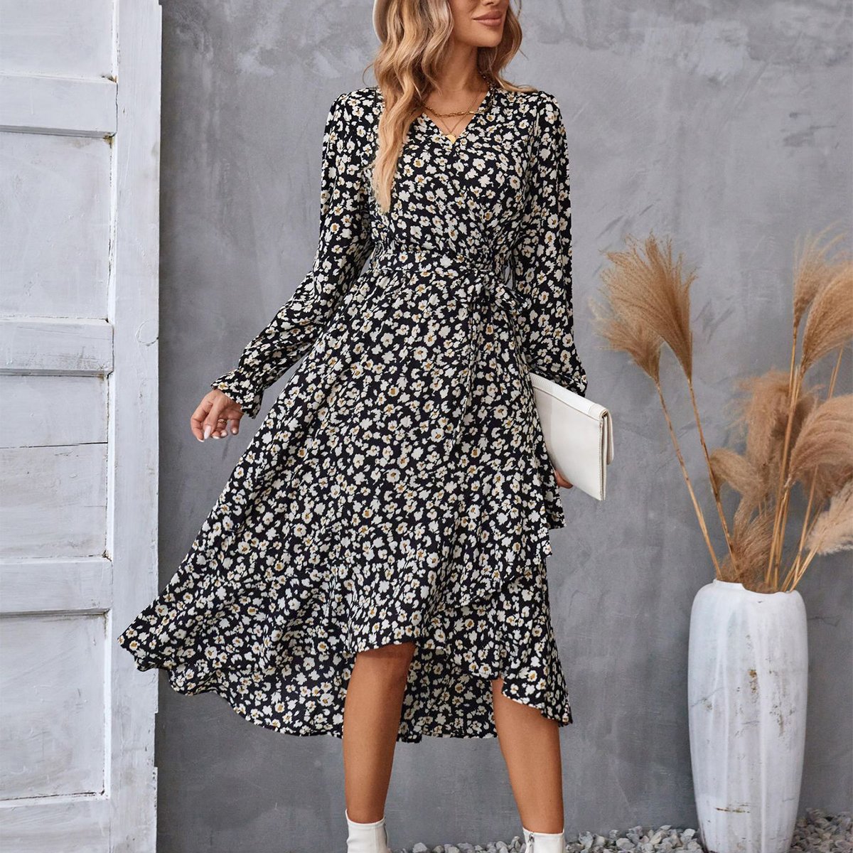 Robe fleuri imprimé manches longues à volants midi ville élégant pour femme