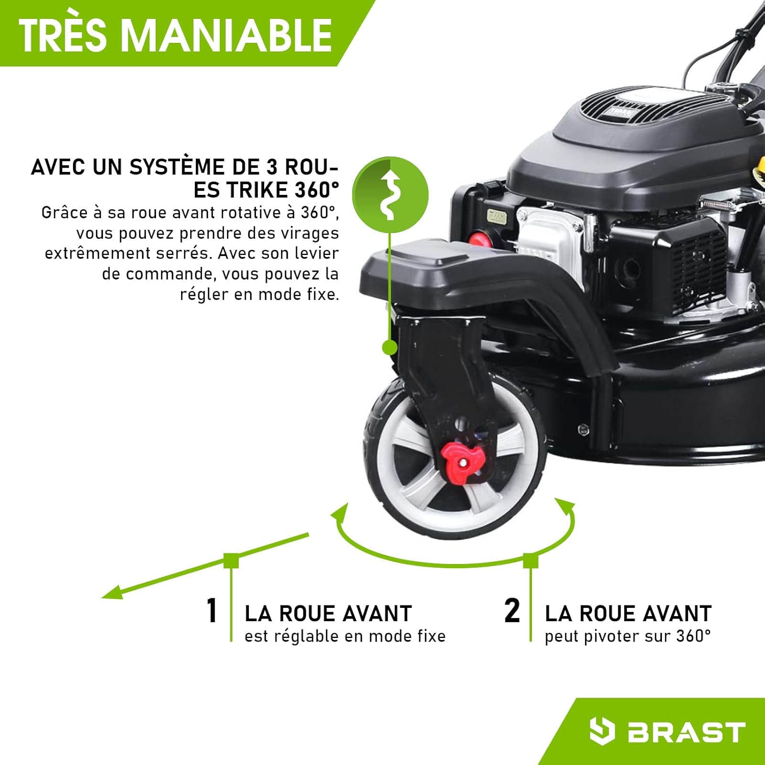 2026 BRAST tondeuse thermique 3 roues TRIKE E-START 224cc 53cm tractée démarrage électrique mulching 4en1 capot en tôle en acier 60l - moteur 4 temps de la marque française GT reglable