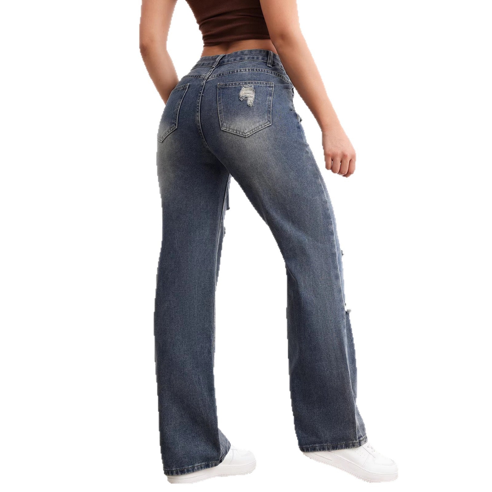 Jean taille haute jambes droites ripped en denim décontracté pour femme