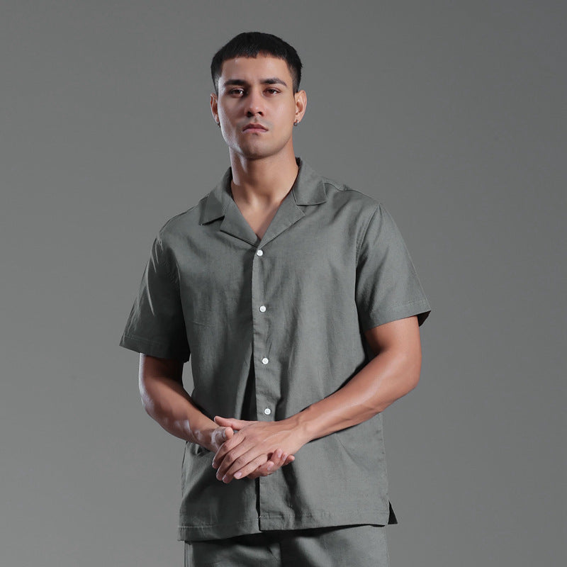 Chemise col cubain en coton et lin manches courtes été décontracté pour homme