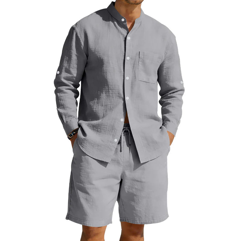 2026 Men's Casual Linen Shirt and Shorts Summer Two Piece Set