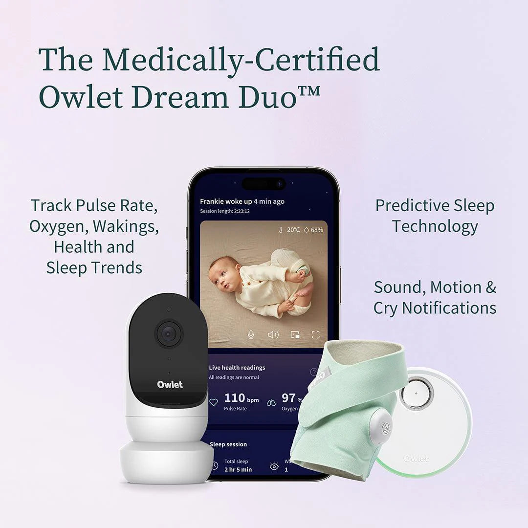 2026 2025 Owlet Dream Duo – Moniteur de Sommeil et Veille Bébé Intelligent – Blanc & Menthe