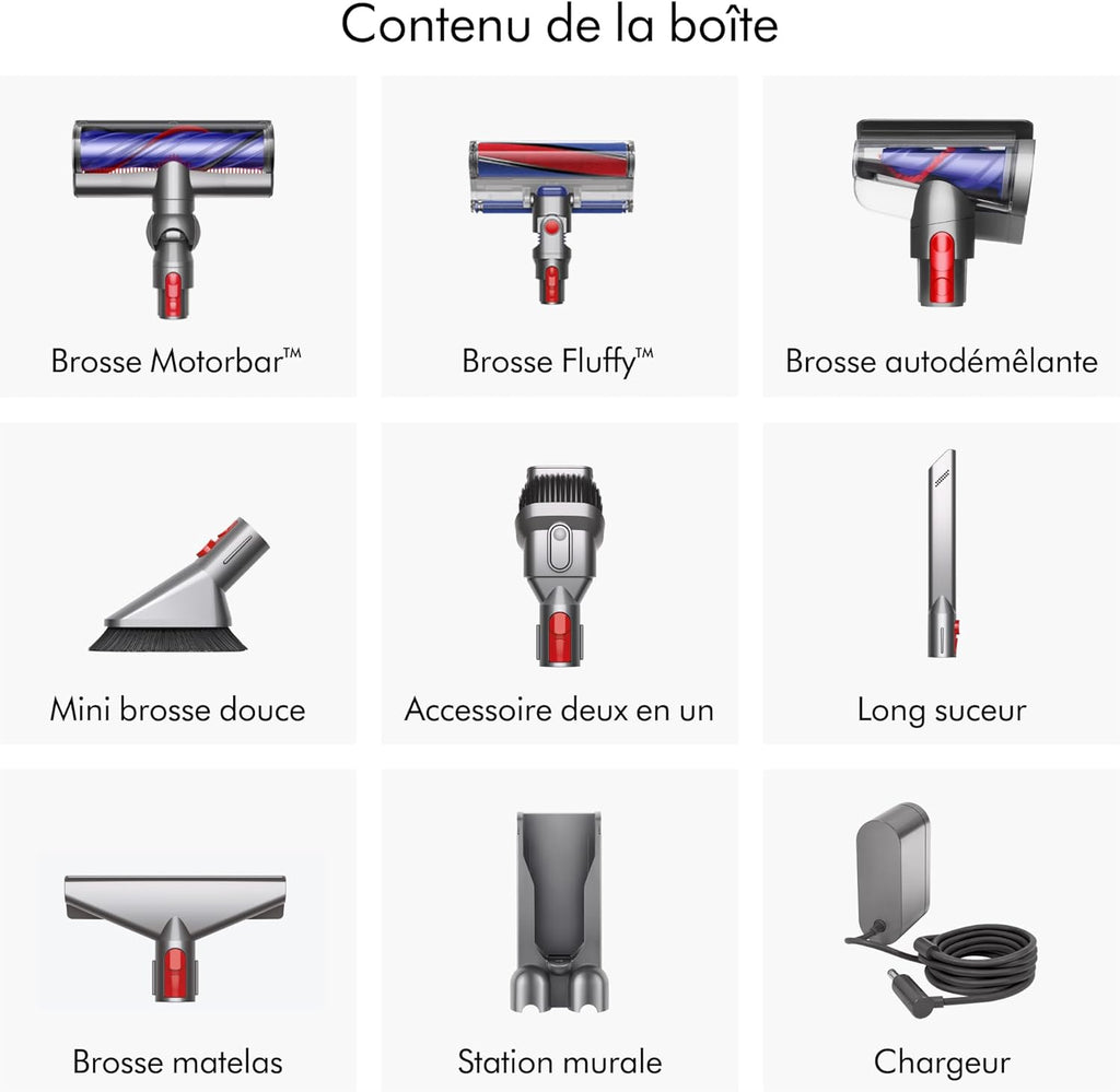 2026 2025 Dyson V8 Advanced™ Aspirateur Balai sans Fil – 130 AW, 40 Min d’autonomie, Brosse Motorbar Auto-démêlante, Accessoires combinés, Station Murale, Argent/Nickel
