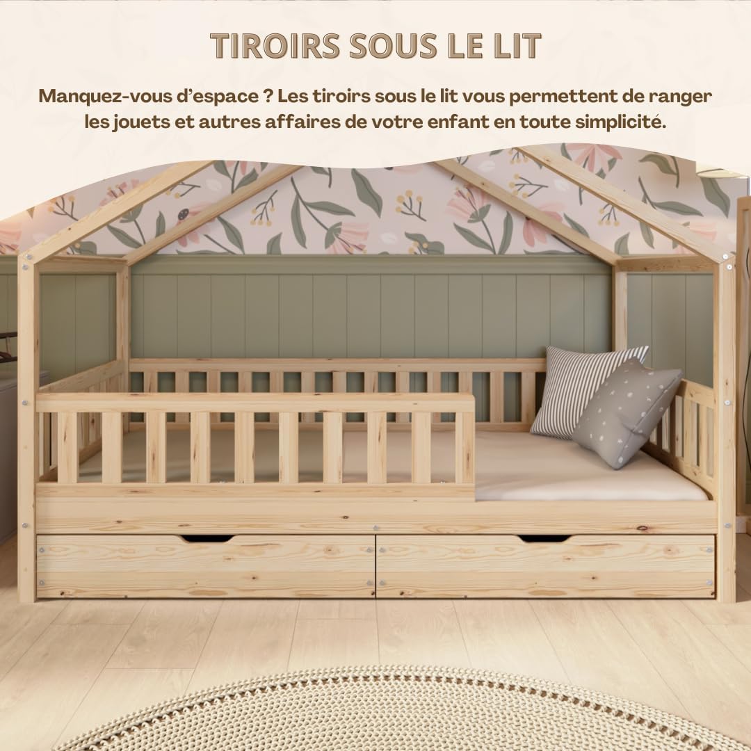 2026 Lit cabane Crazy Pine Crazy House avec tiroirs 190 x 90 cm &ndash; Lit enfant en bois naturel avec barri&egrave;re &ndash; Lit Montessori au sol avec rangement suppl&eacute;mentaire et barri&egrave;re amovible