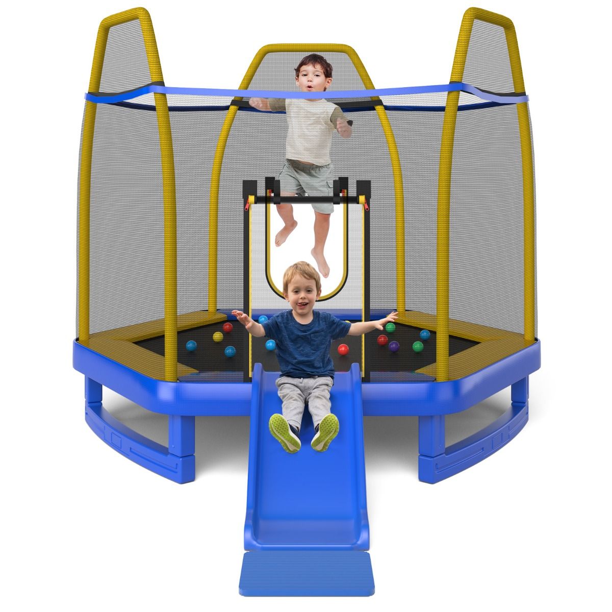 2026 Trampoline Extérieur Ø 223cm avec Toboggan&Echelle avec Filet de Sécurité 2 Portes en U Charge 270kg pour 2-3 Enfants de 3 Ans+ Bleu/Vert