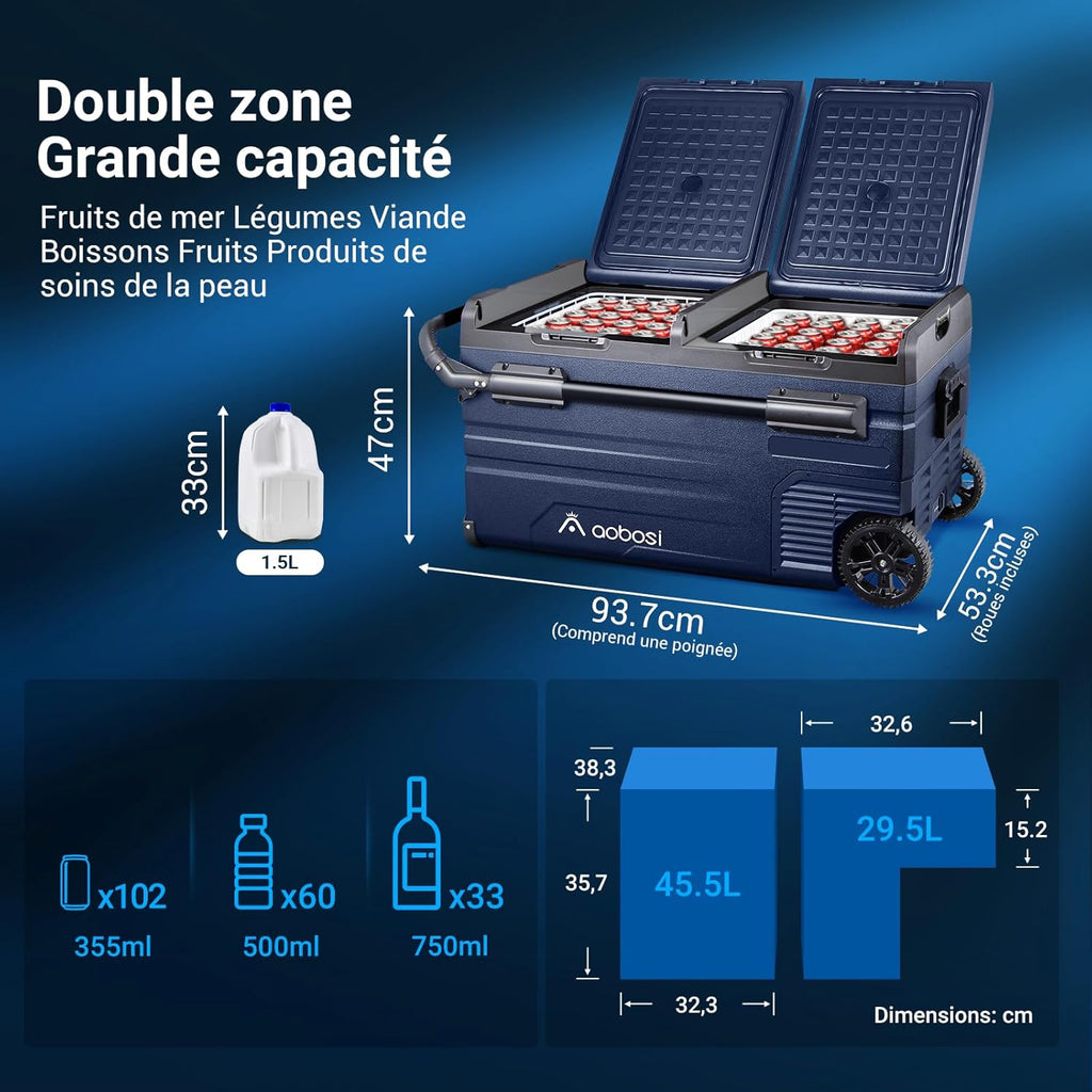 2026 115L Glaciere Electrique Double Zone,Glaciere a Compression WiFi APP,12 V/24 V et 100-240 V Frigo Camping,-20 ℃ à 20 ℃,pour Voiture,Camion,Bateau,Camping,Car,Caravanes,Voyageant,Maison