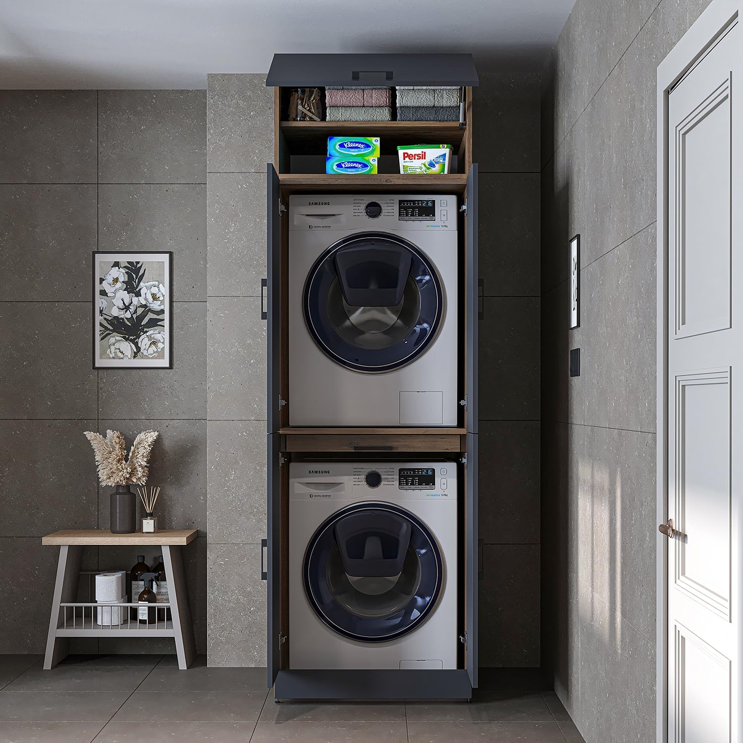 2026 ROOMART Dora Armoire de machine à laver, pour sèche-linge et machine à laver, en 4 couleurs, avec portes et planche coulissante (chêne anthracite)