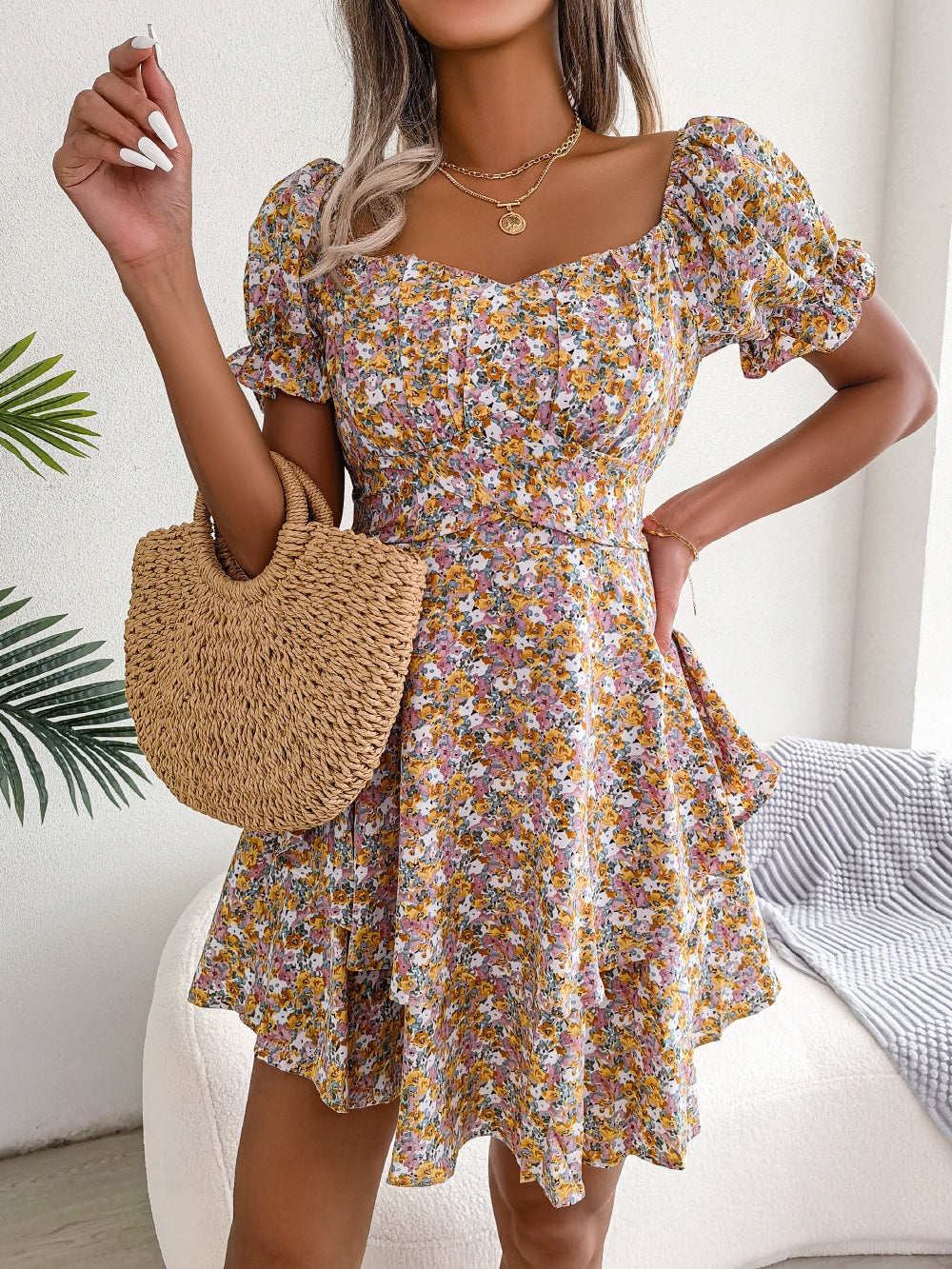 Robe fleuri mini taille haute évasé été décontracté pour femme