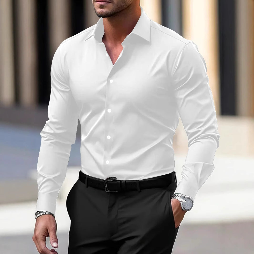 Men's solid color button-down long sleeve summer lapel shirt by LAKD, shown in navy blue with a classic collar and casual fit.