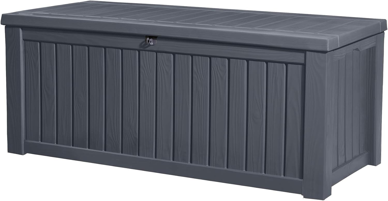2026 2025 KETER Rockwood 570L – Coffre de Rangement Extérieur Étanche et Résistant, Banc Multifonction, Édition Limitée