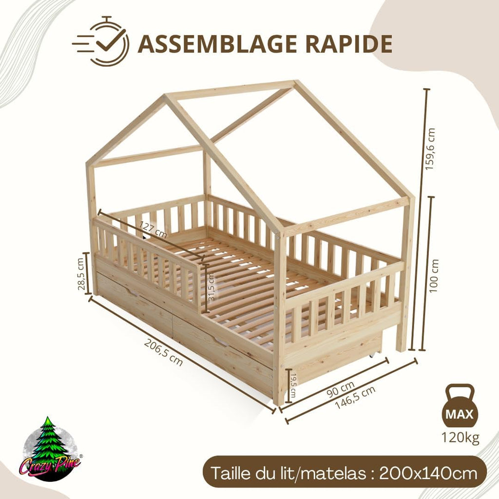 2026 Lit cabane Crazy Pine Crazy House avec tiroirs 190 x 90 cm &ndash; Lit enfant en bois naturel avec barri&egrave;re &ndash; Lit Montessori au sol avec rangement suppl&eacute;mentaire et barri&egrave;re amovible