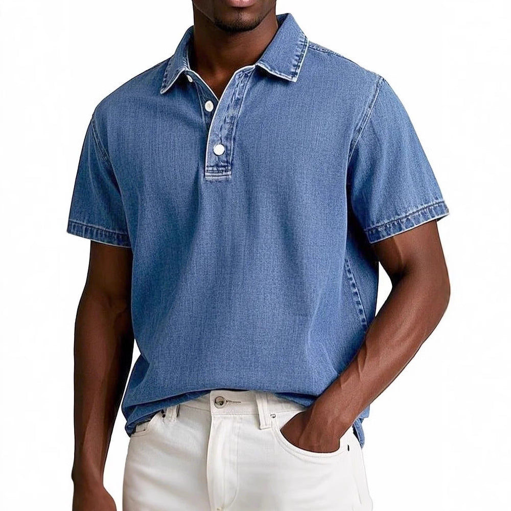 Polo couleur unie vintage manches courtes à revers décontracté pour homme
