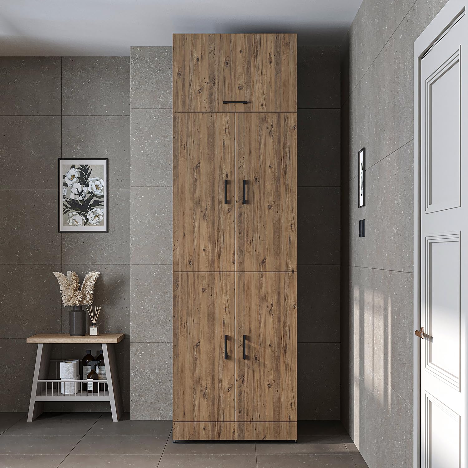 2026 ROOMART Dora Armoire de machine à laver, pour sèche-linge et machine à laver, en 4 couleurs, avec portes et planche coulissante (chêne anthracite)
