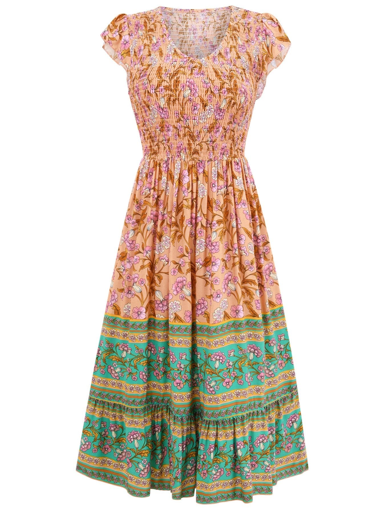 Robe fleuri col V à volants sans manches bohemian été plage pour femme