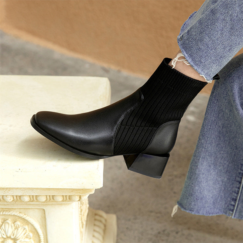 Bottines cuir de vachette socks tricoté fin bout carré mi-long martin pour femme