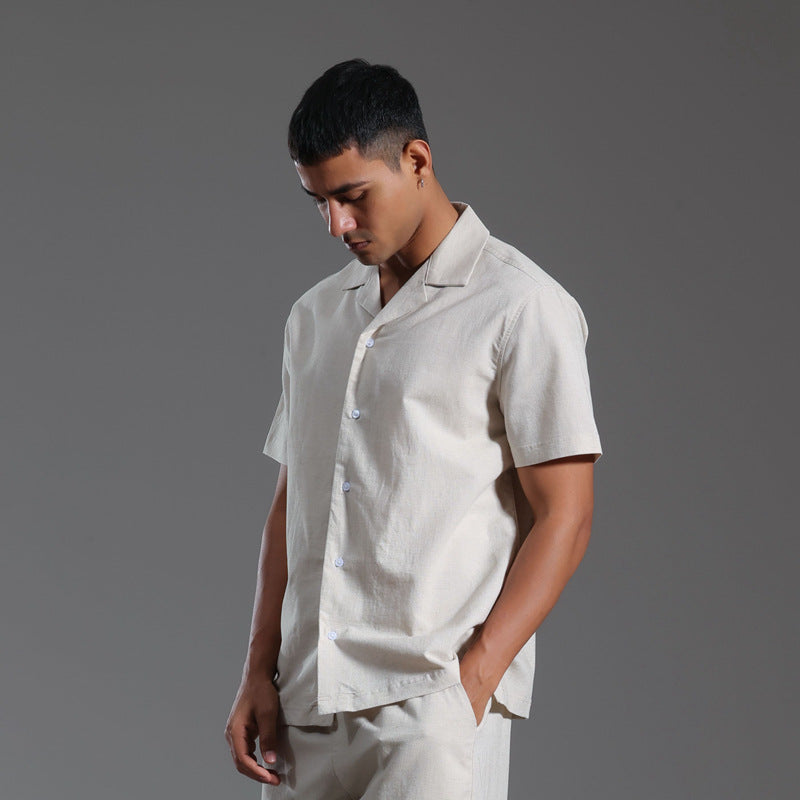 Chemise col cubain en coton et lin manches courtes été décontracté pour homme