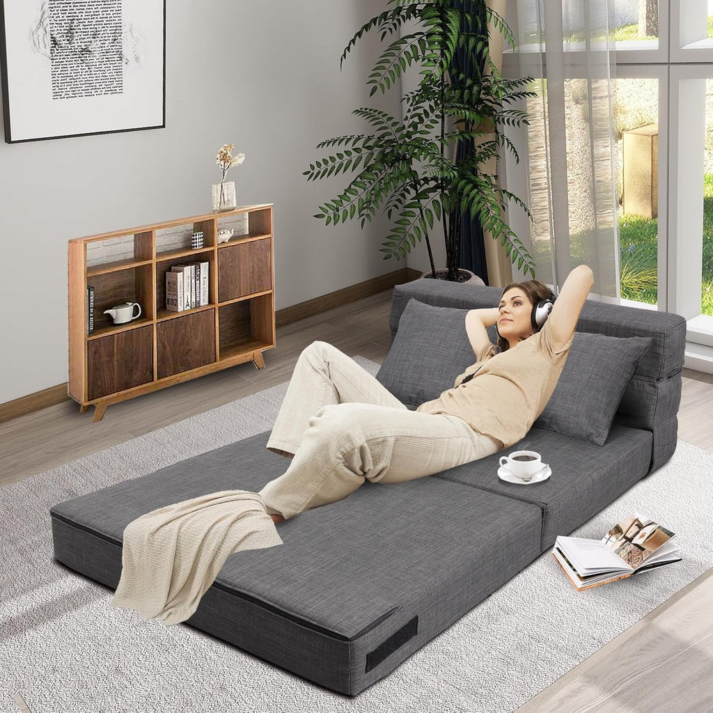 2026 ANONER Canapé Convertible 2 Places 150cm de Large, Pliable en Mousse à Mémoire de Forme & 2 Oreillers, Lit Pliant de Sol pour Chambre Salon, Gris Foncé