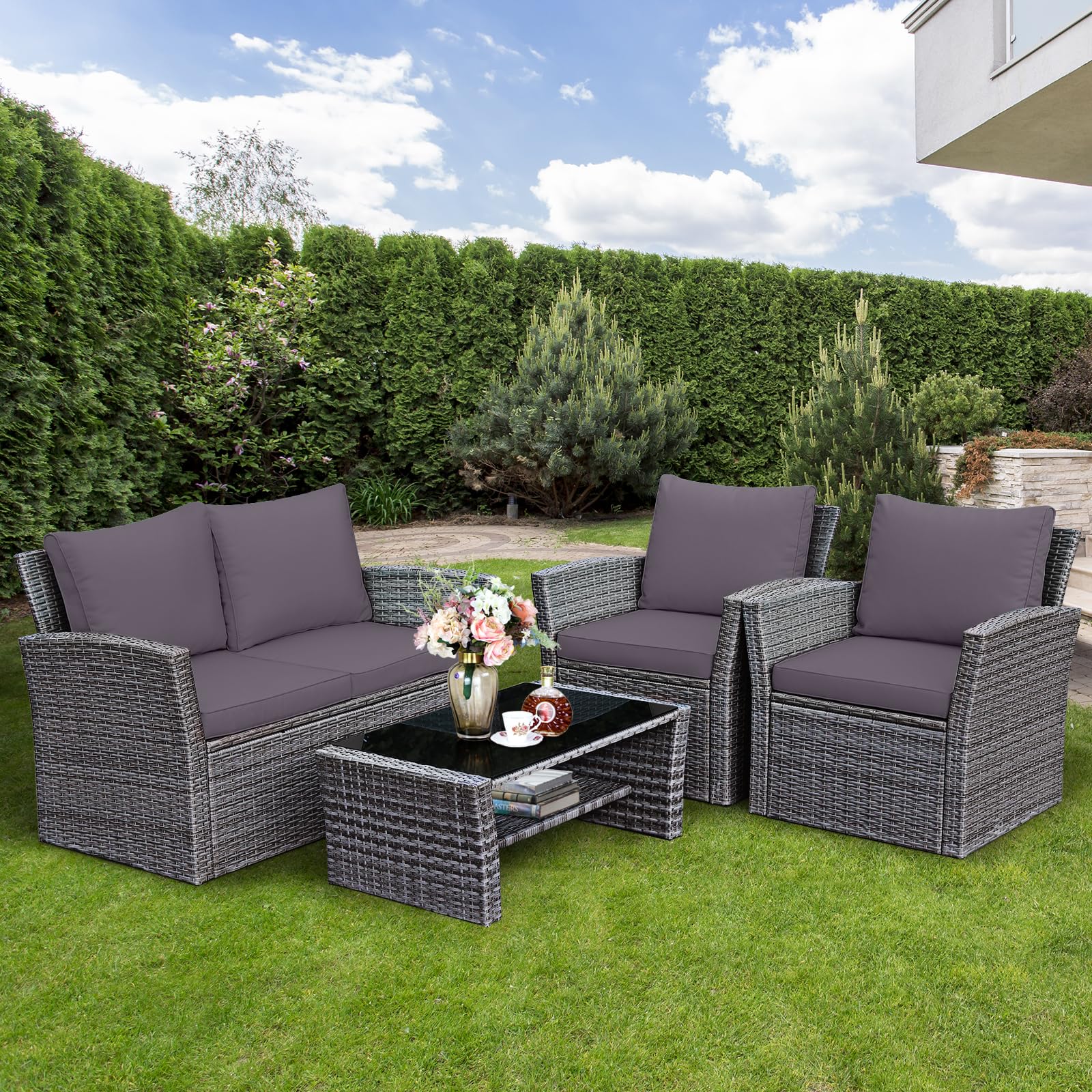 2026 Ensemble de meubles de patio 4 pièces, canapé en osier de rotin, ensemble de luxe pour extérieur, ensemble de meubles de jardin avec coussins pour porche, jardin, balcon au bord de la piscine, gris