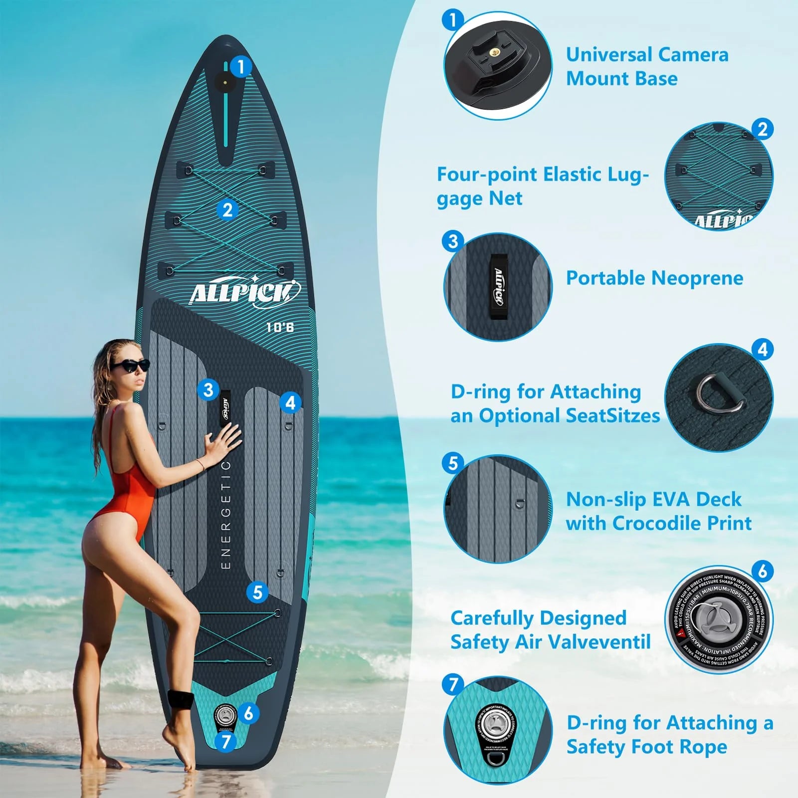 2026 Planche de stand up paddle gonflable haut de gamme ALLPICK 2025 320 x 81 x 15 cm – Ensemble complet avec pagaie réglable, sac à dos, caméra de sport et siège kayak – SUP stable et durable jusqu'à 180 kg, pour débutants et experts