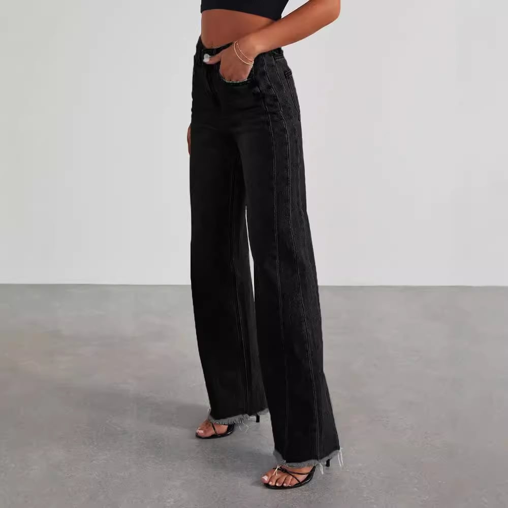Jean taille haute jambes droites en denim confortable coupe ajustée pour femme