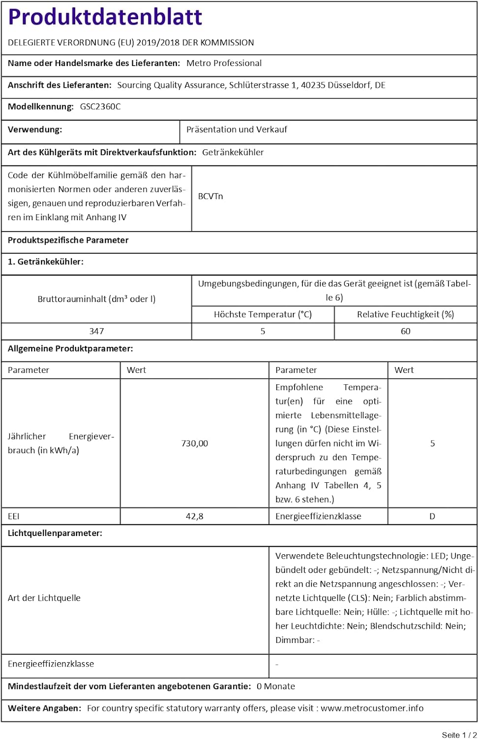 2026 METRO Professional Réfrigérateur à Boissons GSC2360B, Acier/Verre, 62 x 63.6 x 175.3 cm, 347 L, avec Serrure, Noir