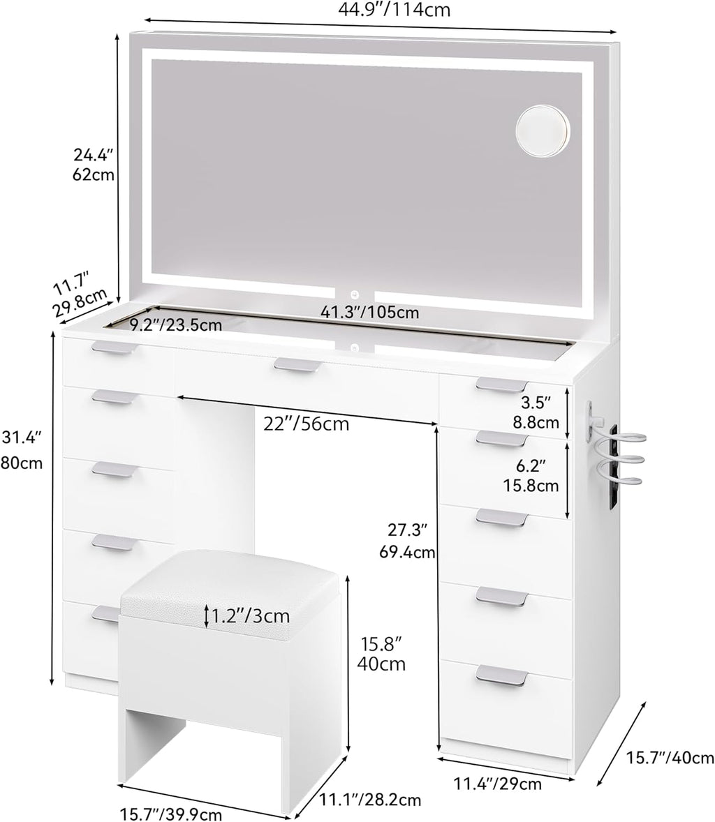 2026 Grande Coiffeuse avec éclairage LED réglable et Prises électriques, Coiffeuse avec Miroir, Toit en Verre Transparent, 11 tiroirs et Tabouret, Blanc
