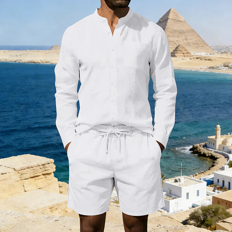 2026 Men's Casual Linen Shirt and Shorts Summer Two Piece Set