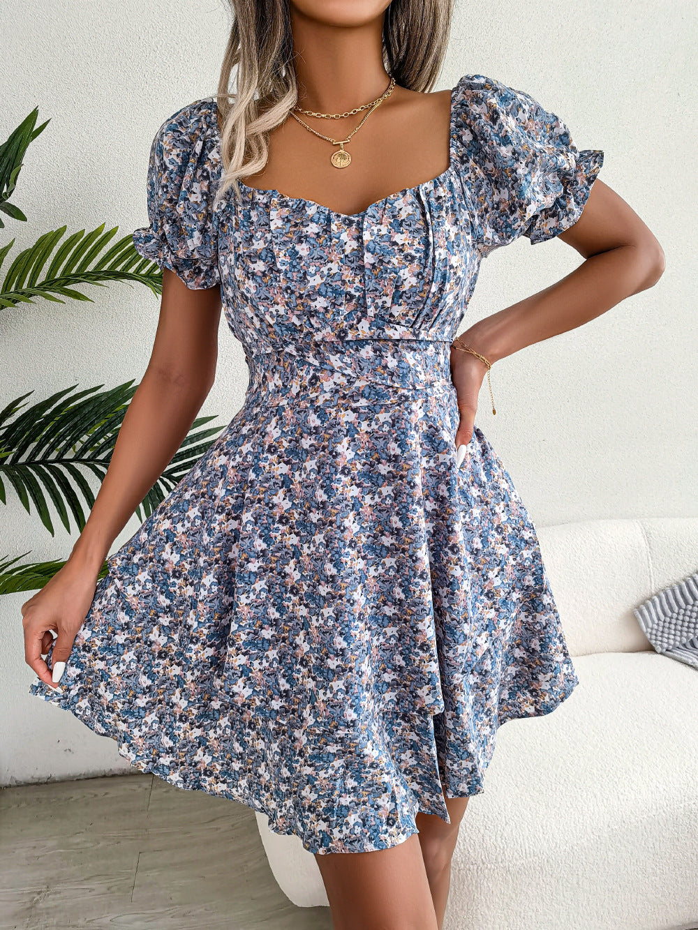 Robe fleuri mini taille haute évasé été décontracté pour femme