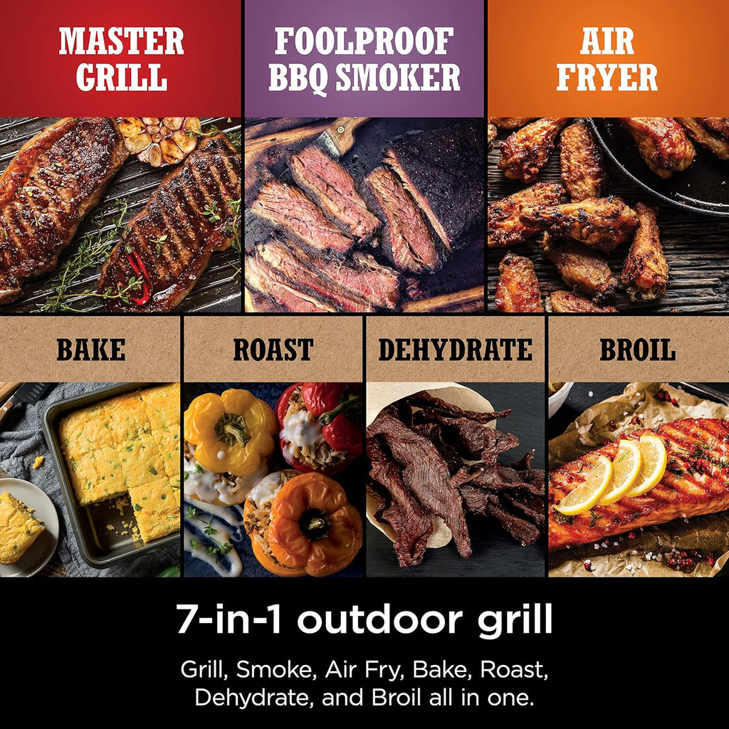 2026 Ninja Woodfire Pro Gril et fumoir 7 en 1 avec thermomètre, friteuse à air, barbecue, pâtisserie, grillades, grillades, barbecue électrique portable pour extérieur, gris