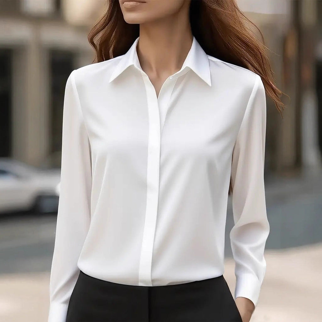 Chemisier tailleur satin à revers manches longues habillé bureau pour femme