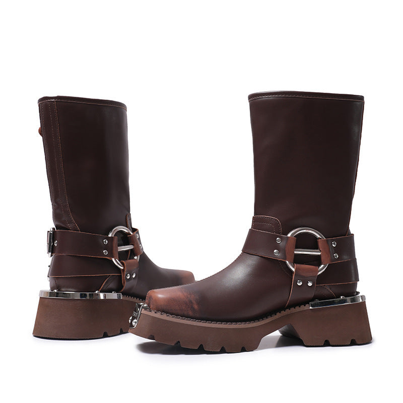 Womens Chunky Height Increasing Boots | Leather Western Denim Ankle Boots - LAKD London
