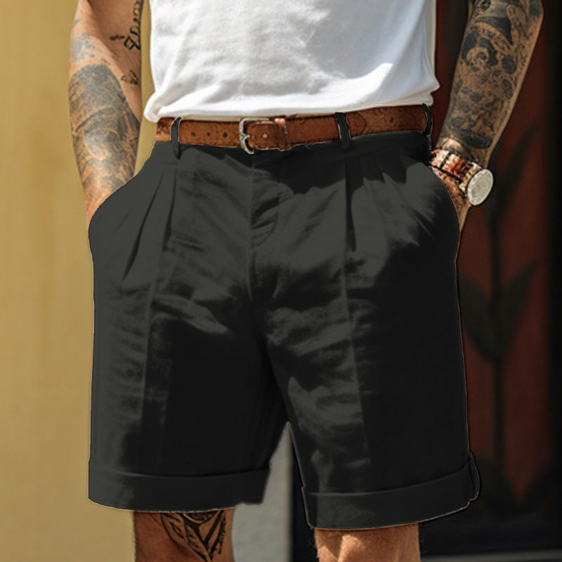 Short plissé poche jambes droites été en coton et lin ample pour homme