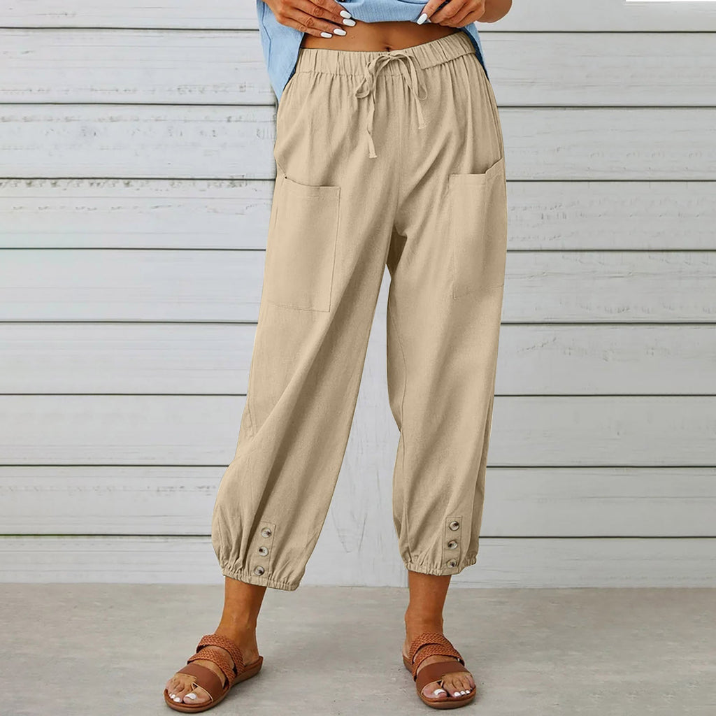 Pantalon à cordon à nouer en coton et lin poches décontracté pour femme