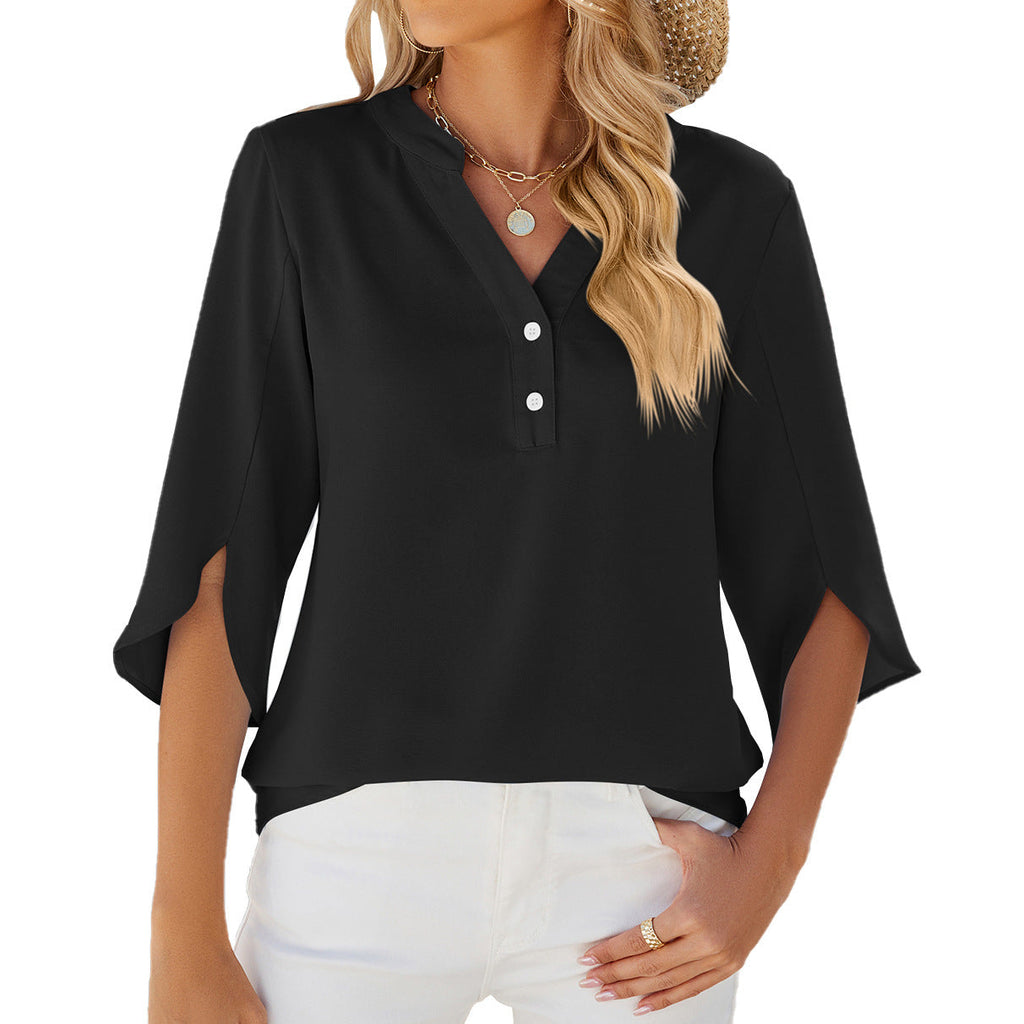 Women's Button V-Neck Mid Sleeve Chiffon Blouse Solid Top - LAKD London