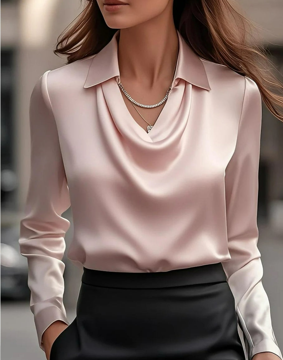 Chemisier fluide cowl neck satin élégant manches longues bureau pour femme