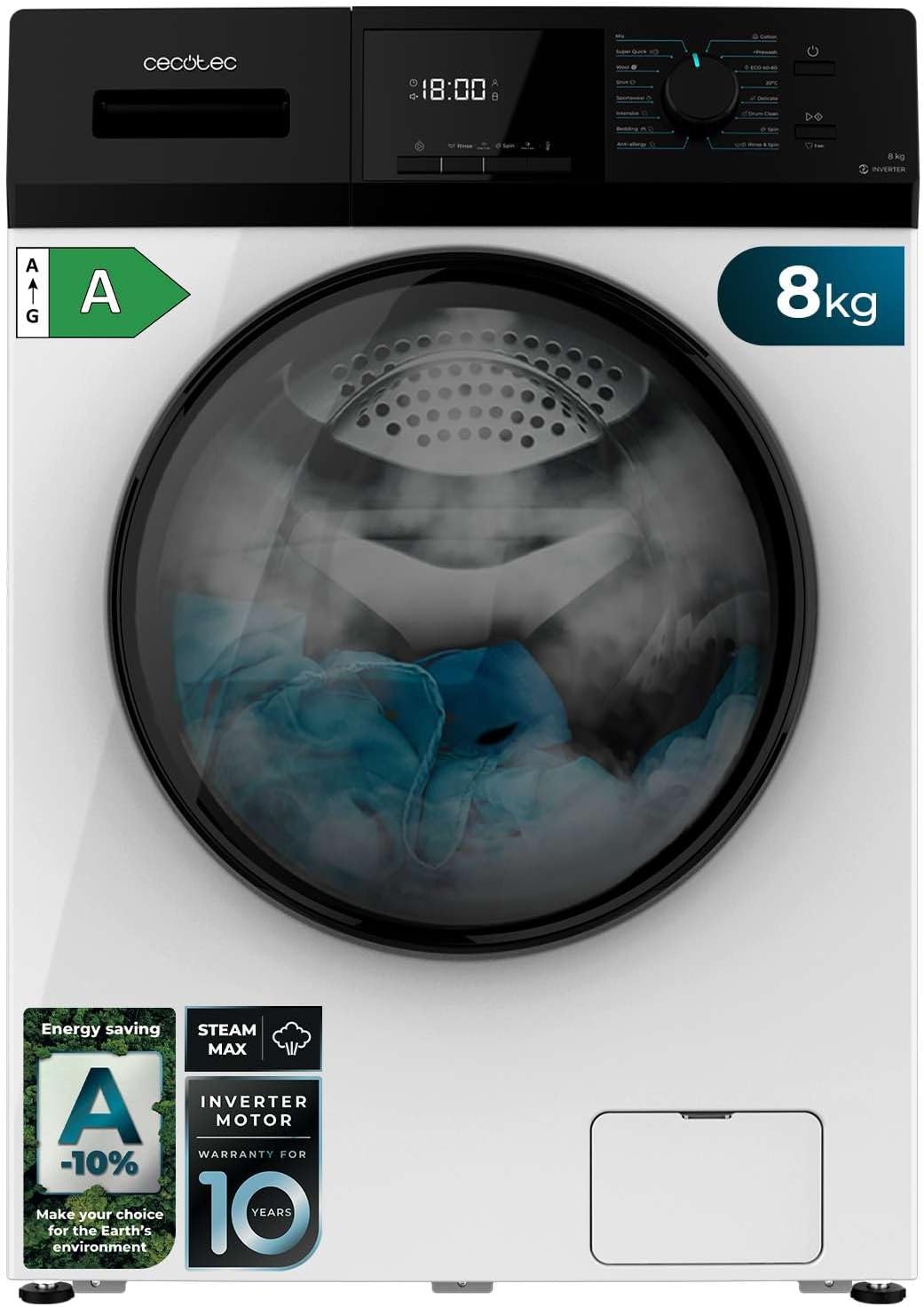 2026 Cecotec Lave-Linge 9Kg Chargement Frontal Bolero Dresscode 9410 Inverter A. 1900W, 1400 tr/min Réglable, 16 Programmes, Faible Consommation d'Énergie, Vapeur, Stérilisation du Linge