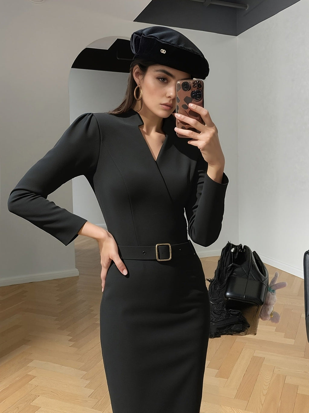 Robe coupe ajustée col V manches longues bureau pour femme